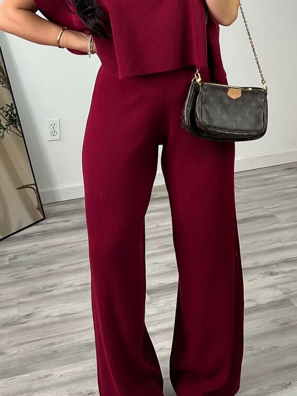 Zenana Outfitters Ribbed Wide-Leg Pants Set in Burgundy